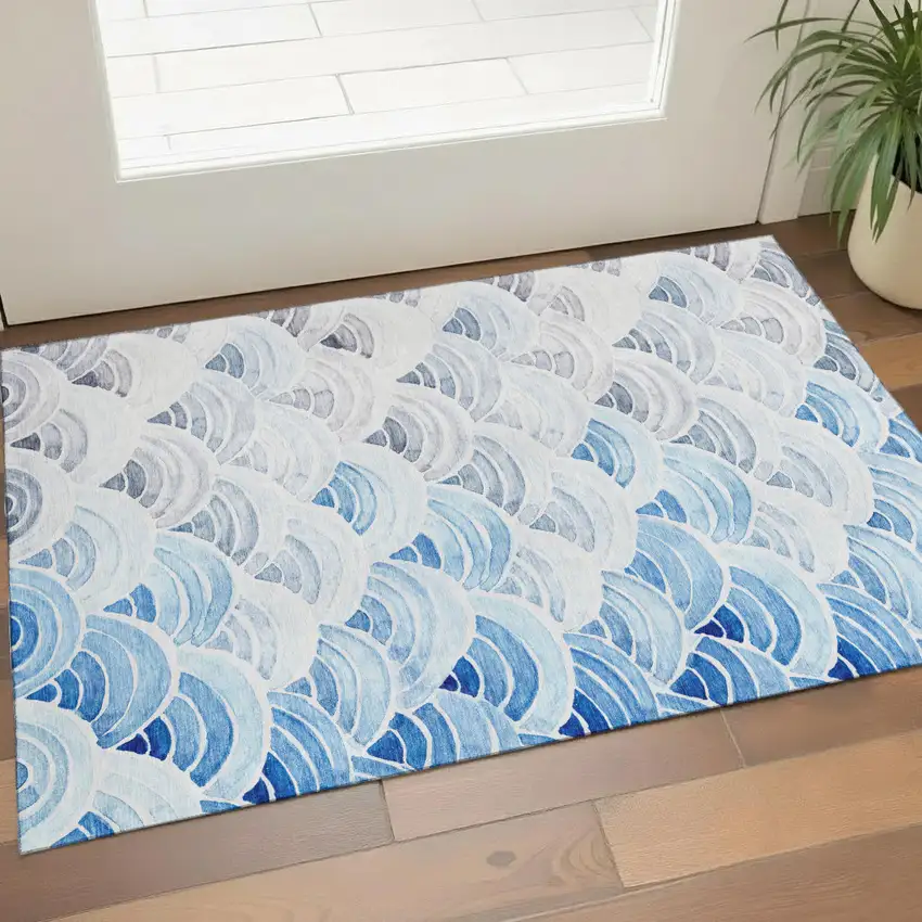 Blue Ivory And Gray Geometric Washable Area Rug With UV Protection Photo 1