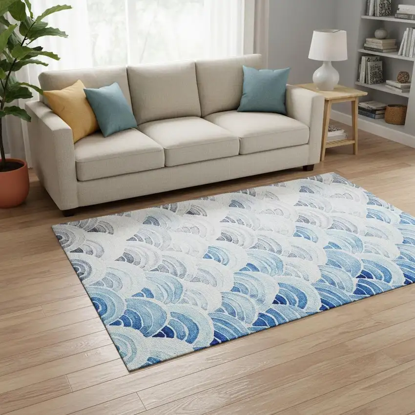 Blue Ivory And Gray Geometric Washable Area Rug With UV Protection Photo 1