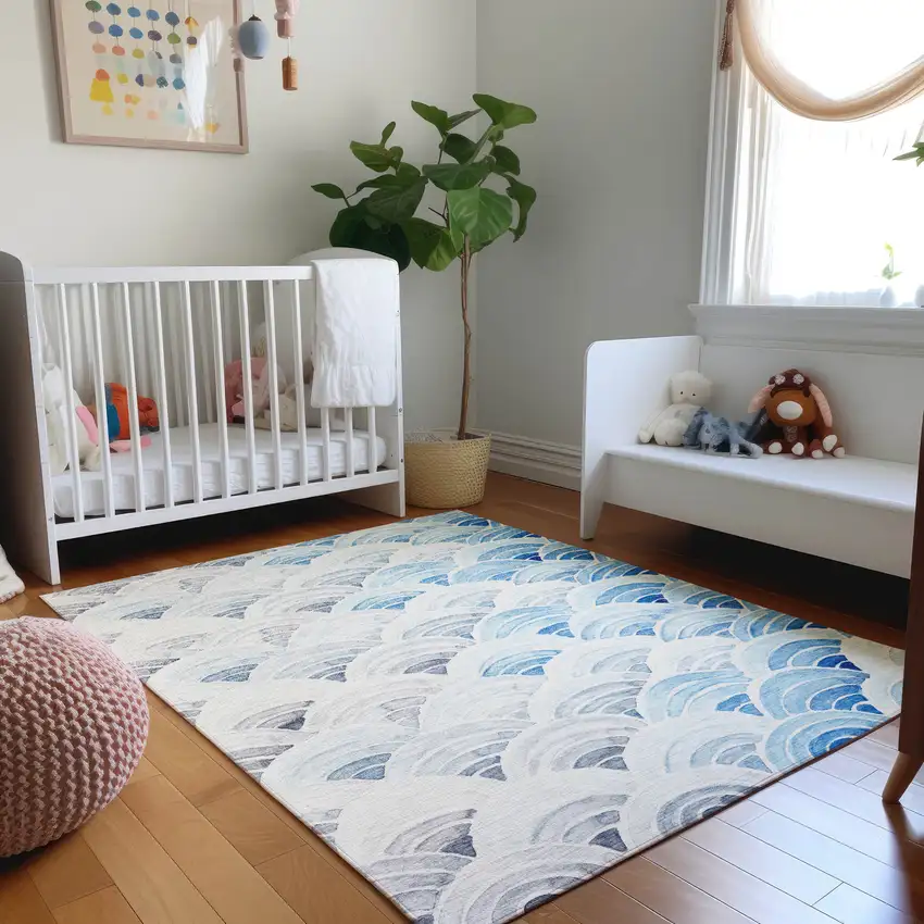 Blue Ivory And Gray Geometric Washable Area Rug With UV Protection Photo 5