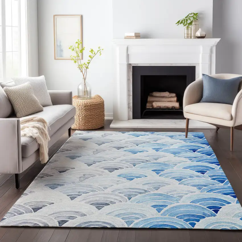 Blue Ivory And Gray Geometric Washable Area Rug With UV Protection Photo 6