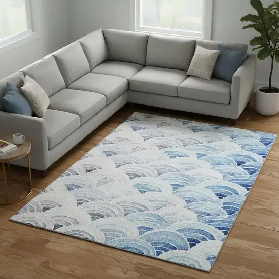 Blue Ivory And Gray Geometric Washable Area Rug With UV Protection Photo 1