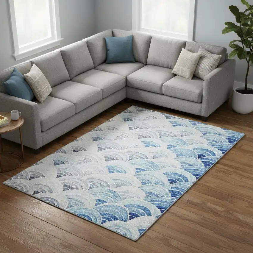 Blue Ivory And Gray Geometric Washable Area Rug With UV Protection Photo 1