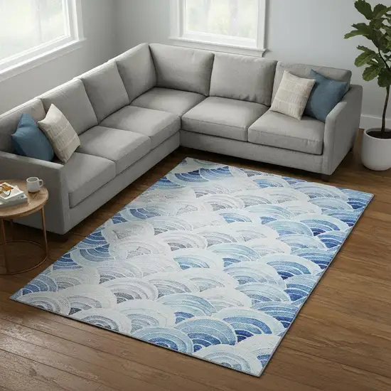Blue Ivory And Gray Geometric Washable Area Rug With UV Protection Photo 1