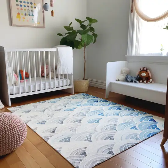 Blue Ivory And Gray Geometric Washable Area Rug With UV Protection Photo 5