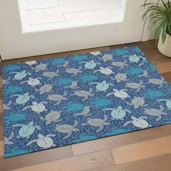Blue Ivory And Gray Geometric Washable Area Rug With UV Protection Photo 1