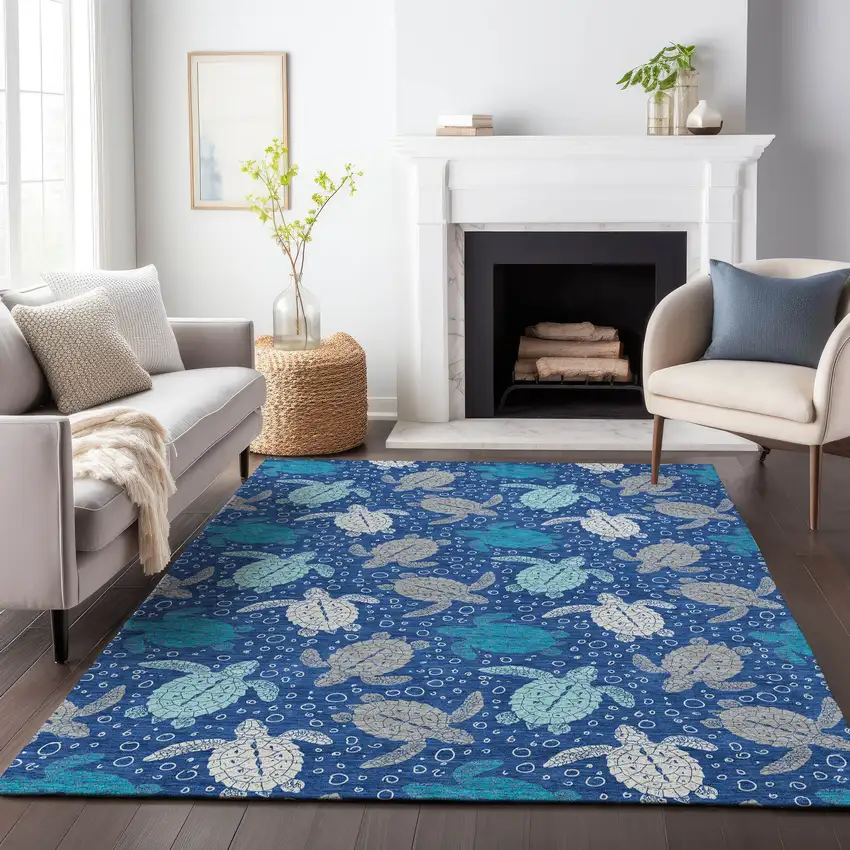 Blue Ivory And Gray Geometric Washable Area Rug With UV Protection Photo 6