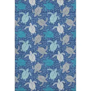 Photo of Blue Ivory And Gray Geometric Washable Area Rug With UV Protection