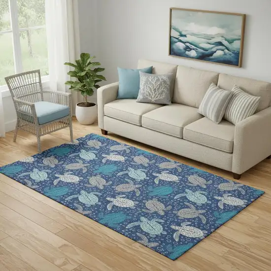 Blue Ivory And Gray Geometric Washable Area Rug With UV Protection Photo 1