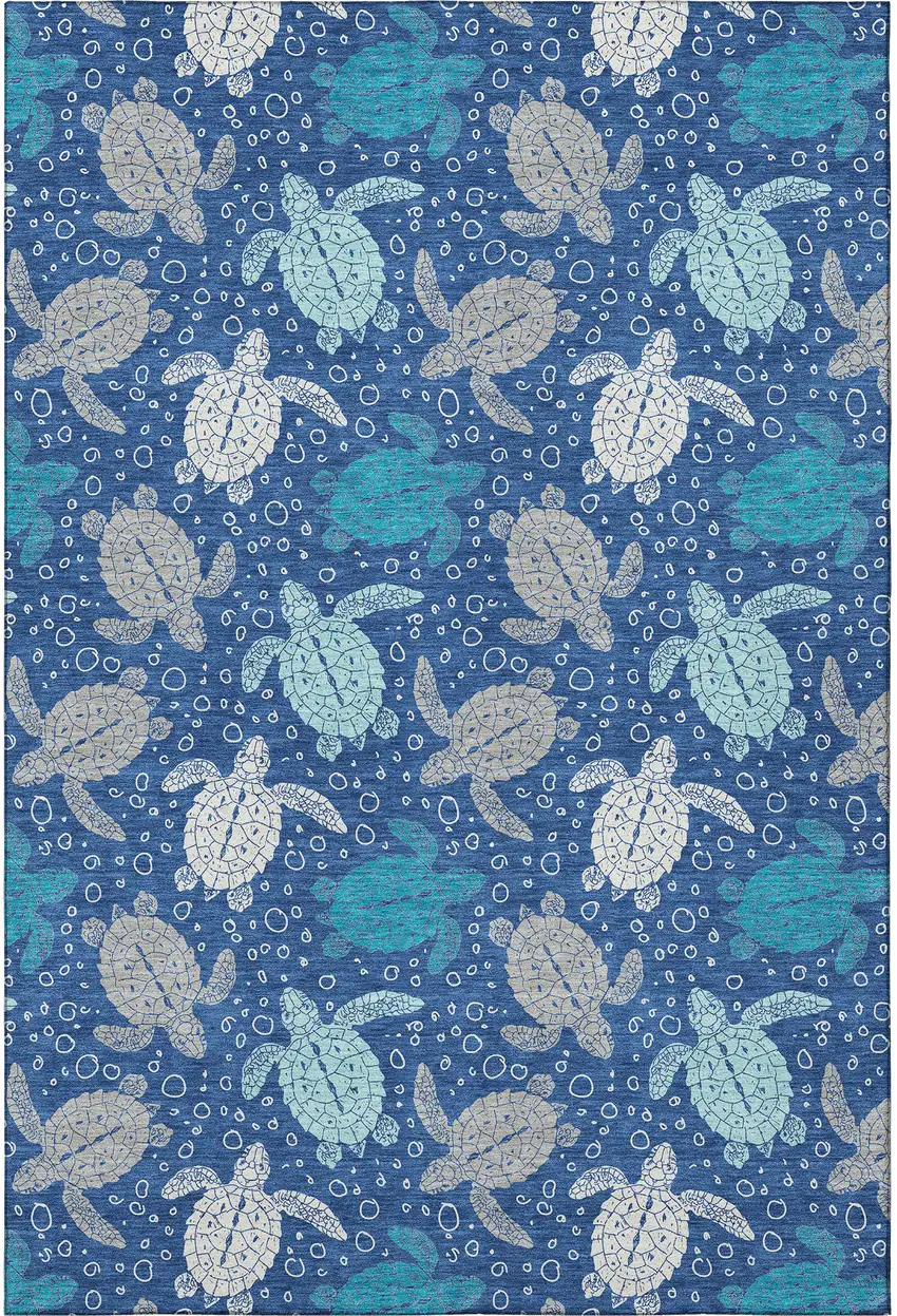 Blue Ivory And Gray Geometric Washable Area Rug With UV Protection Photo 4