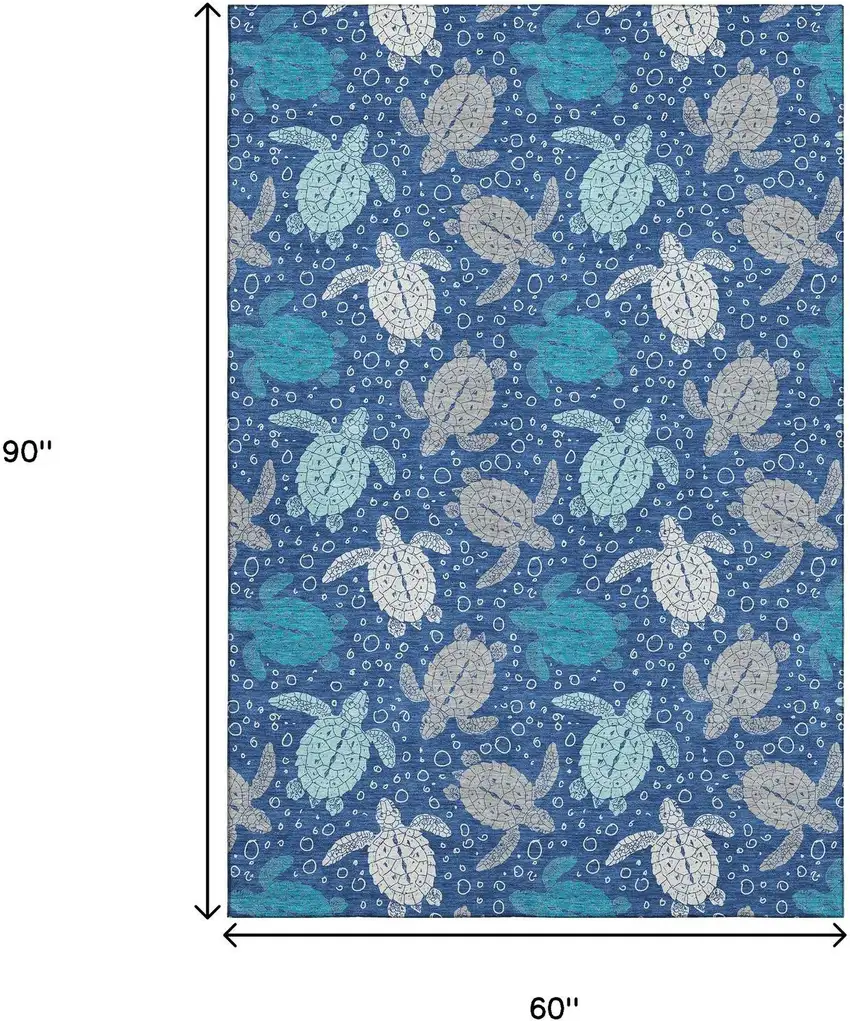 Blue Ivory And Gray Geometric Washable Area Rug With UV Protection Photo 3