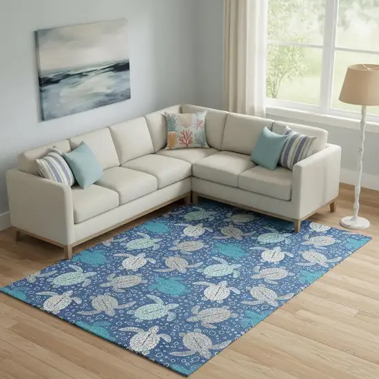 Blue Ivory And Gray Geometric Washable Area Rug With UV Protection Photo 1