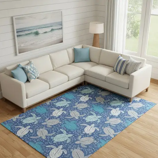 Blue Ivory And Gray Geometric Washable Area Rug With UV Protection Photo 1