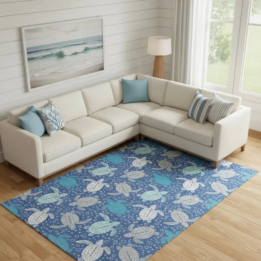 Blue Ivory And Gray Geometric Washable Area Rug With UV Protection Photo 1