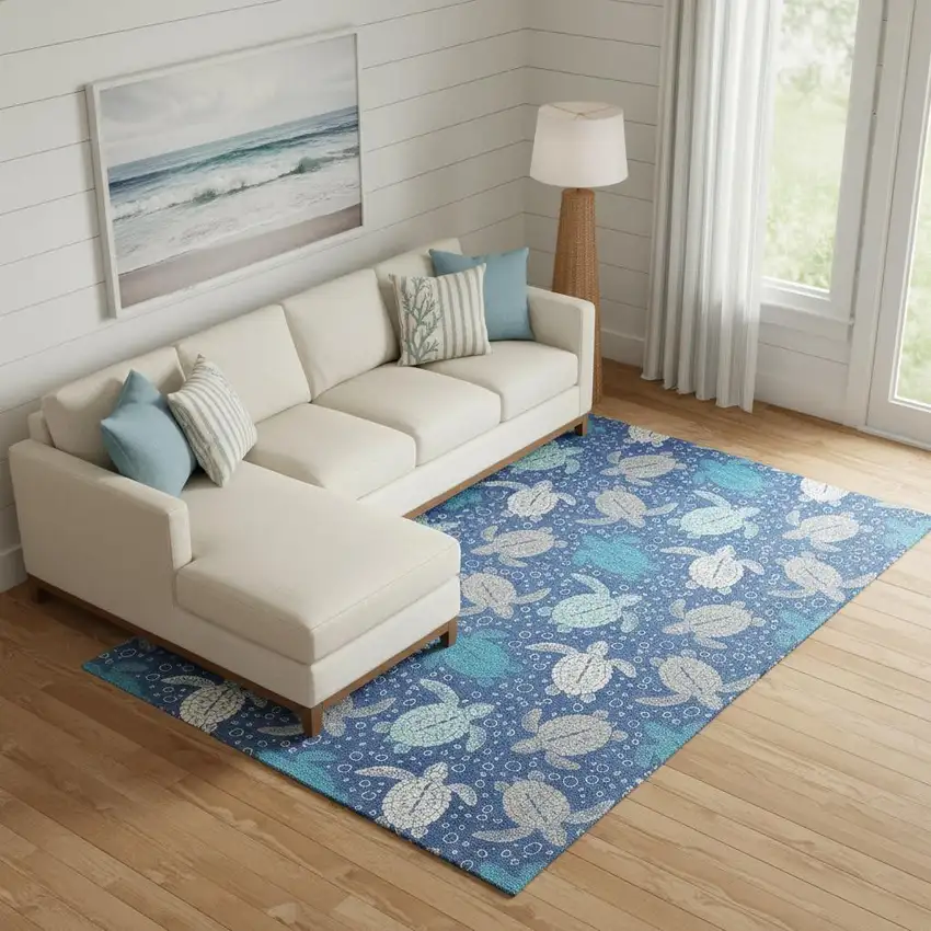 Blue Ivory And Gray Geometric Washable Area Rug With UV Protection Photo 1