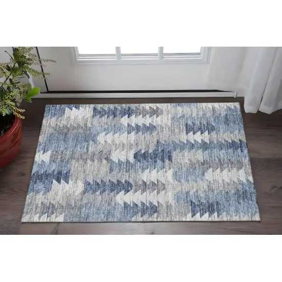 Blue Ivory And Gray Geometric Washable Area Rug With UV Protection Photo 2