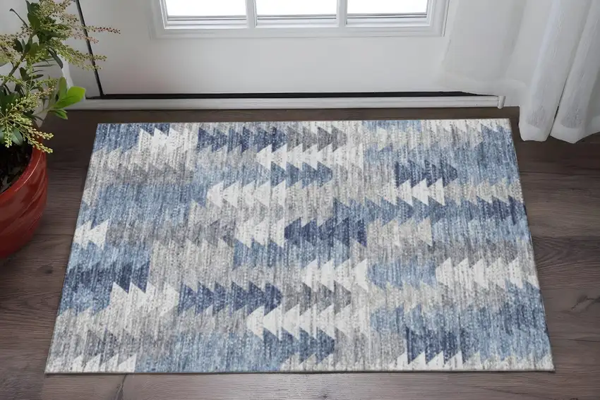 Blue Ivory And Gray Geometric Washable Area Rug With UV Protection Photo 2