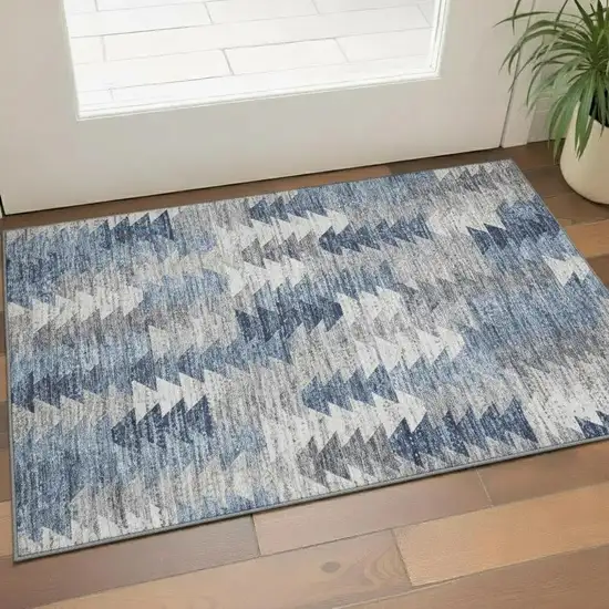 Blue Ivory And Gray Geometric Washable Area Rug With UV Protection Photo 1