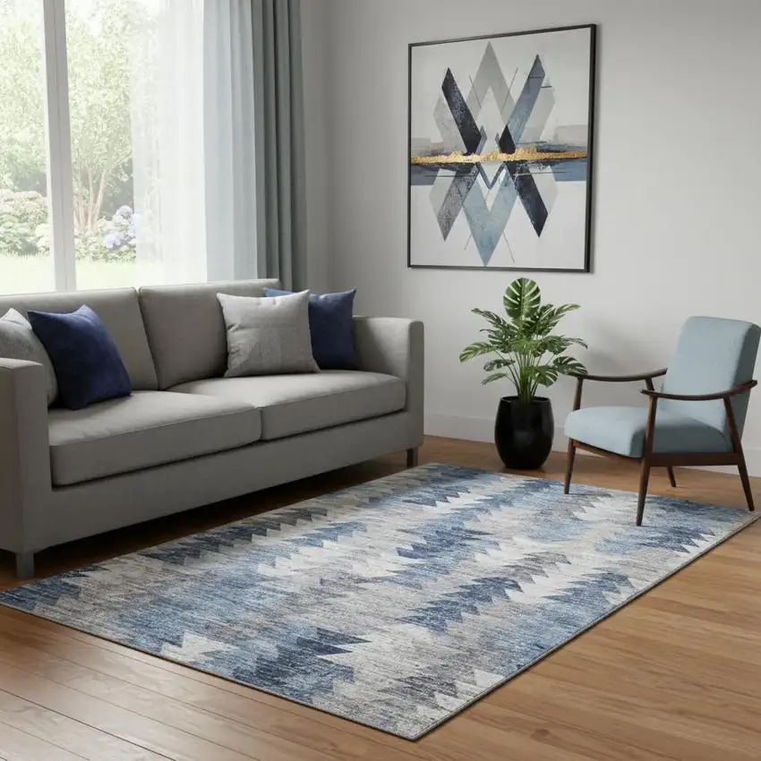 Blue Ivory And Gray Geometric Washable Area Rug With UV Protection Photo 1