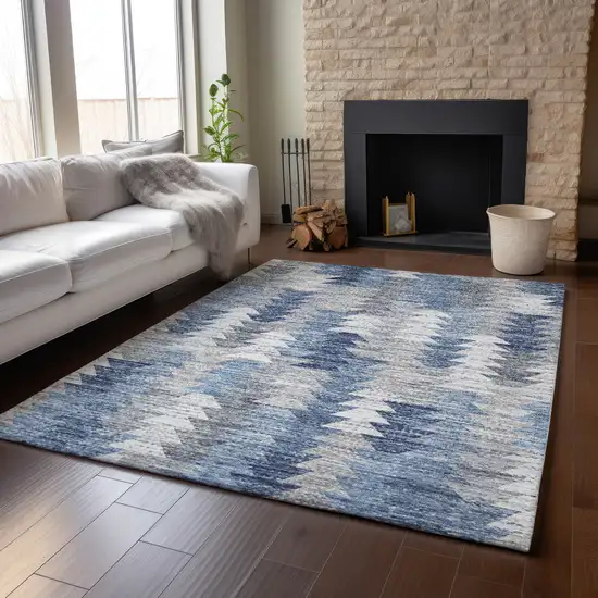 Blue Ivory And Gray Geometric Washable Area Rug With UV Protection Photo 6