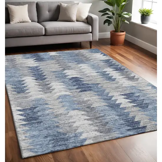 Blue Ivory And Gray Geometric Washable Area Rug With UV Protection Photo 2
