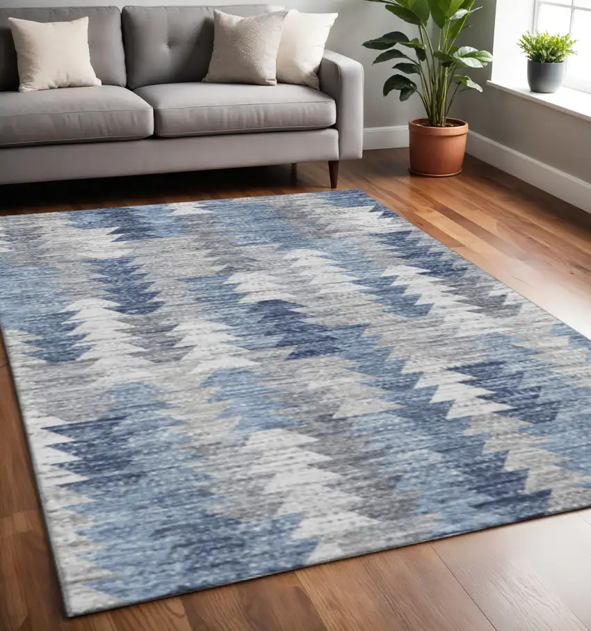 Blue Ivory And Gray Geometric Washable Area Rug With UV Protection Photo 2