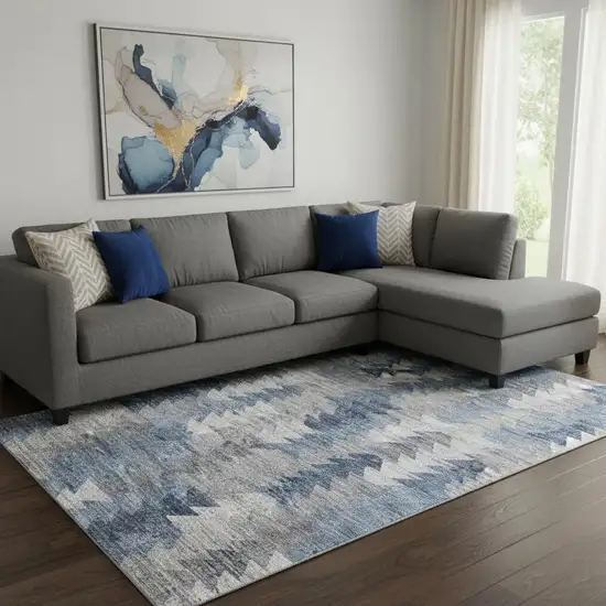 Blue Ivory And Gray Geometric Washable Area Rug With UV Protection Photo 1