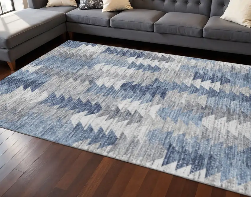 Blue Ivory And Gray Geometric Washable Area Rug With UV Protection Photo 2