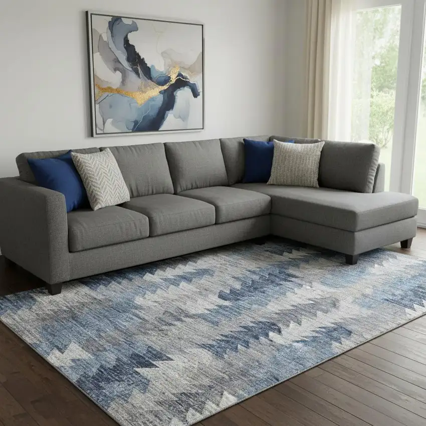 Blue Ivory And Gray Geometric Washable Area Rug With UV Protection Photo 1
