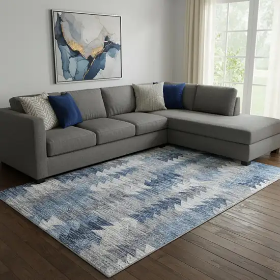 Blue Ivory And Gray Geometric Washable Area Rug With UV Protection Photo 1