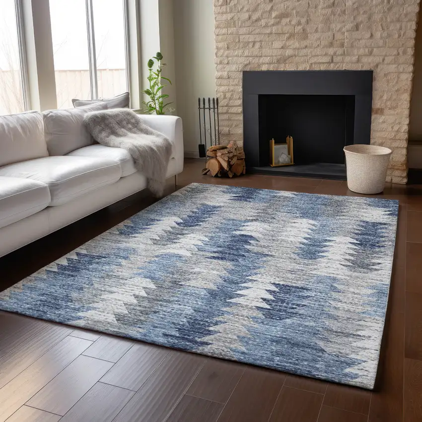 Blue Ivory And Gray Geometric Washable Area Rug With UV Protection Photo 6