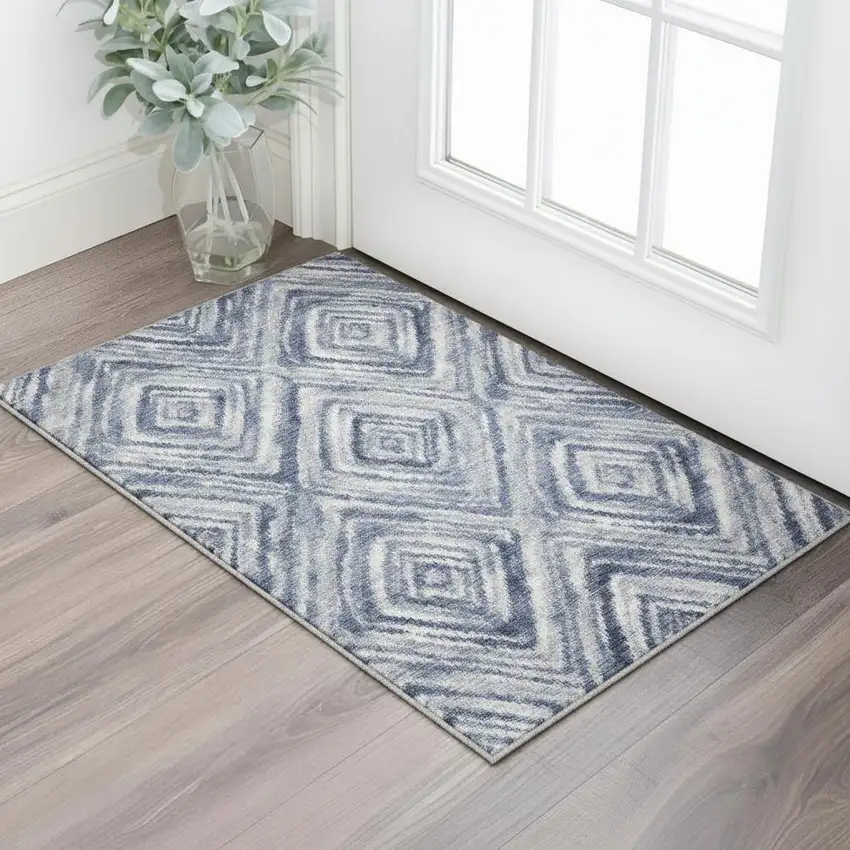 Blue Ivory And Gray Geometric Washable Area Rug With UV Protection Photo 2