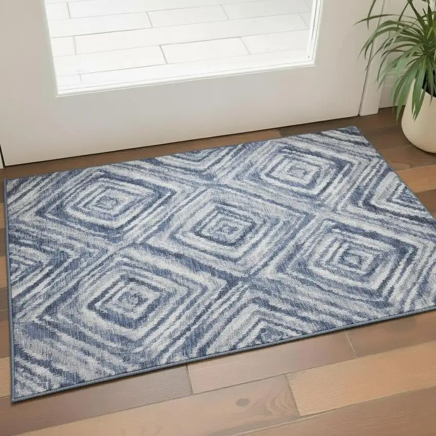 Blue Ivory And Gray Geometric Washable Area Rug With UV Protection Photo 1