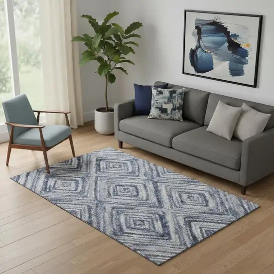 Blue Ivory And Gray Geometric Washable Area Rug With UV Protection Photo 1