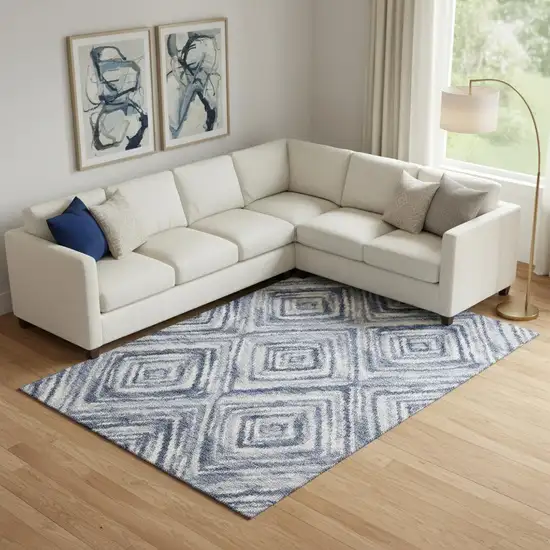 Blue Ivory And Gray Geometric Washable Area Rug With UV Protection Photo 1