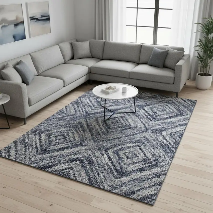 Blue Ivory And Gray Geometric Washable Area Rug With UV Protection Photo 2