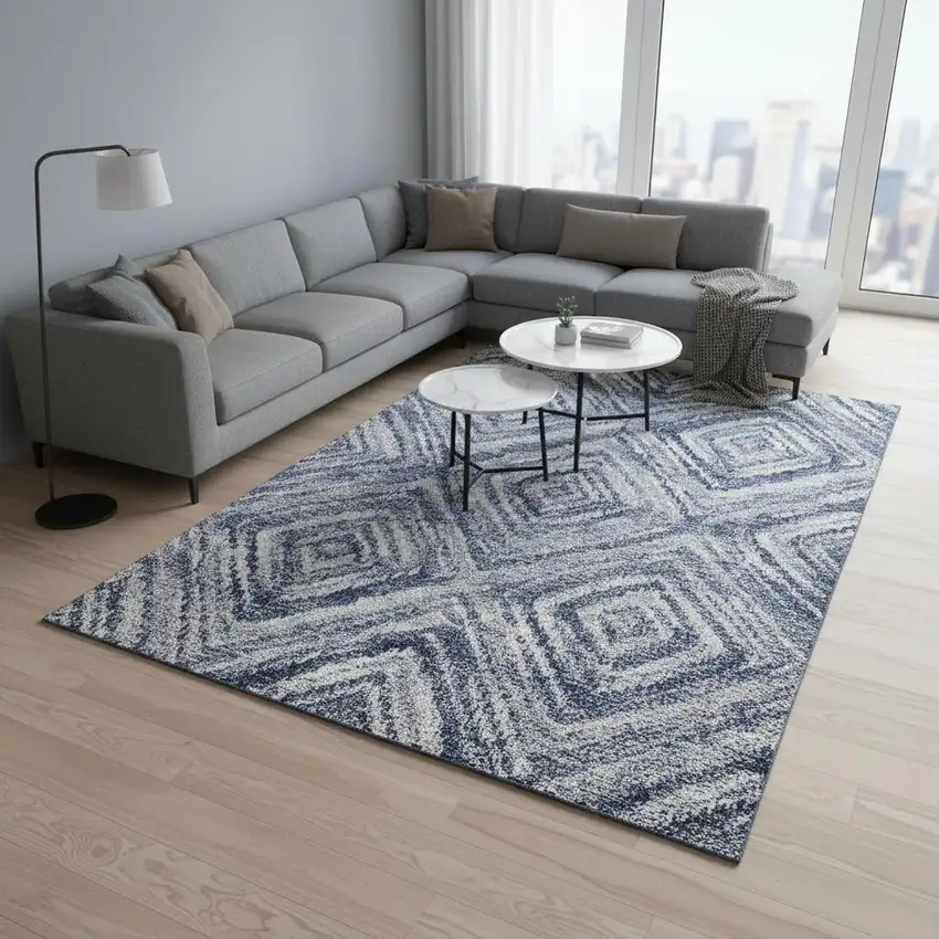 Blue Ivory And Gray Geometric Washable Area Rug With UV Protection Photo 2
