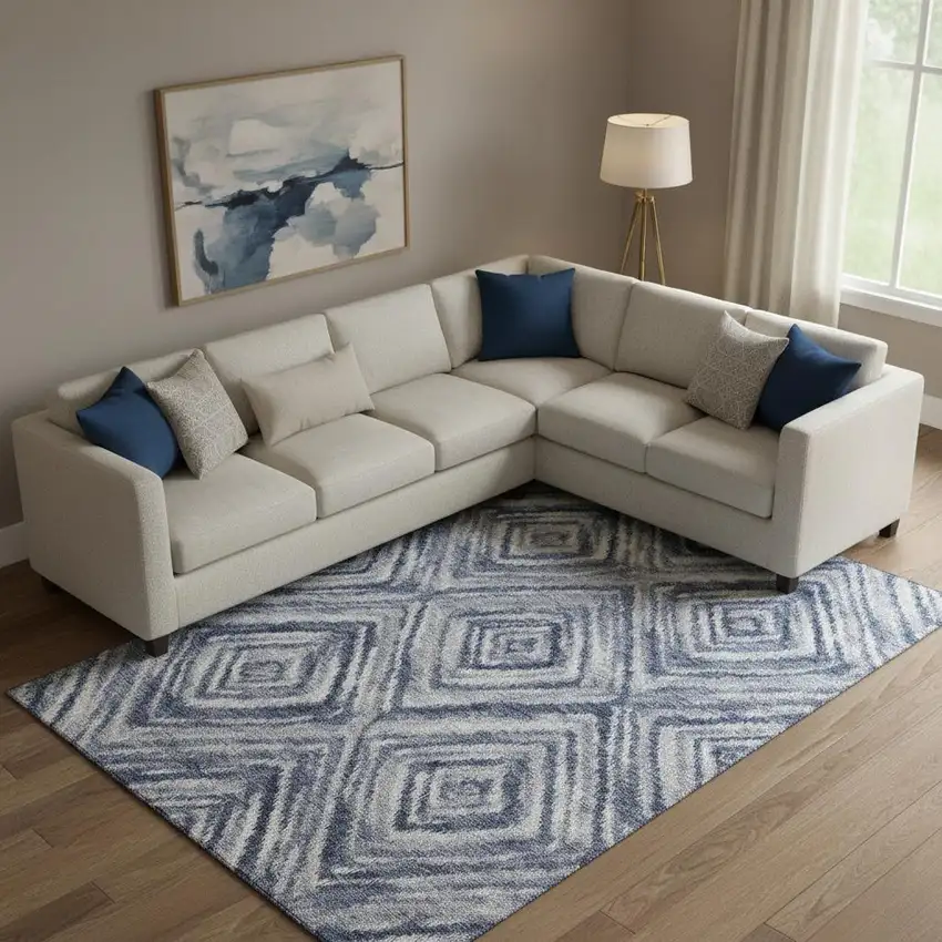 Blue Ivory And Gray Geometric Washable Area Rug With UV Protection Photo 1