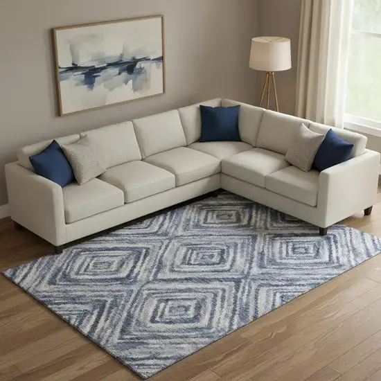 Blue Ivory And Gray Geometric Washable Area Rug With UV Protection Photo 1