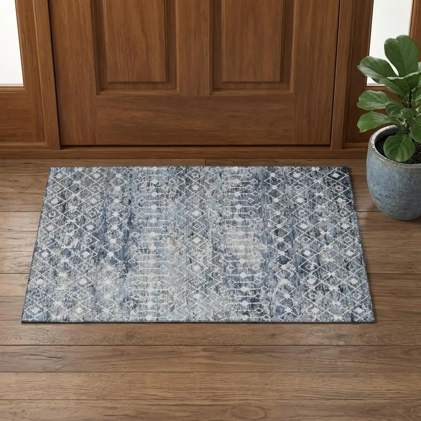 Blue Ivory And Gray Geometric Washable Area Rug With UV Protection Photo 1