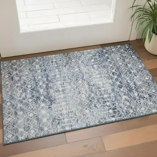 Blue Ivory And Gray Geometric Washable Area Rug With UV Protection Photo 2