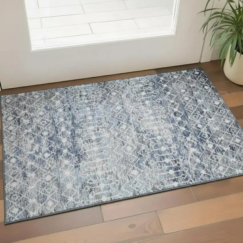 Blue Ivory And Gray Geometric Washable Area Rug With UV Protection Photo 2