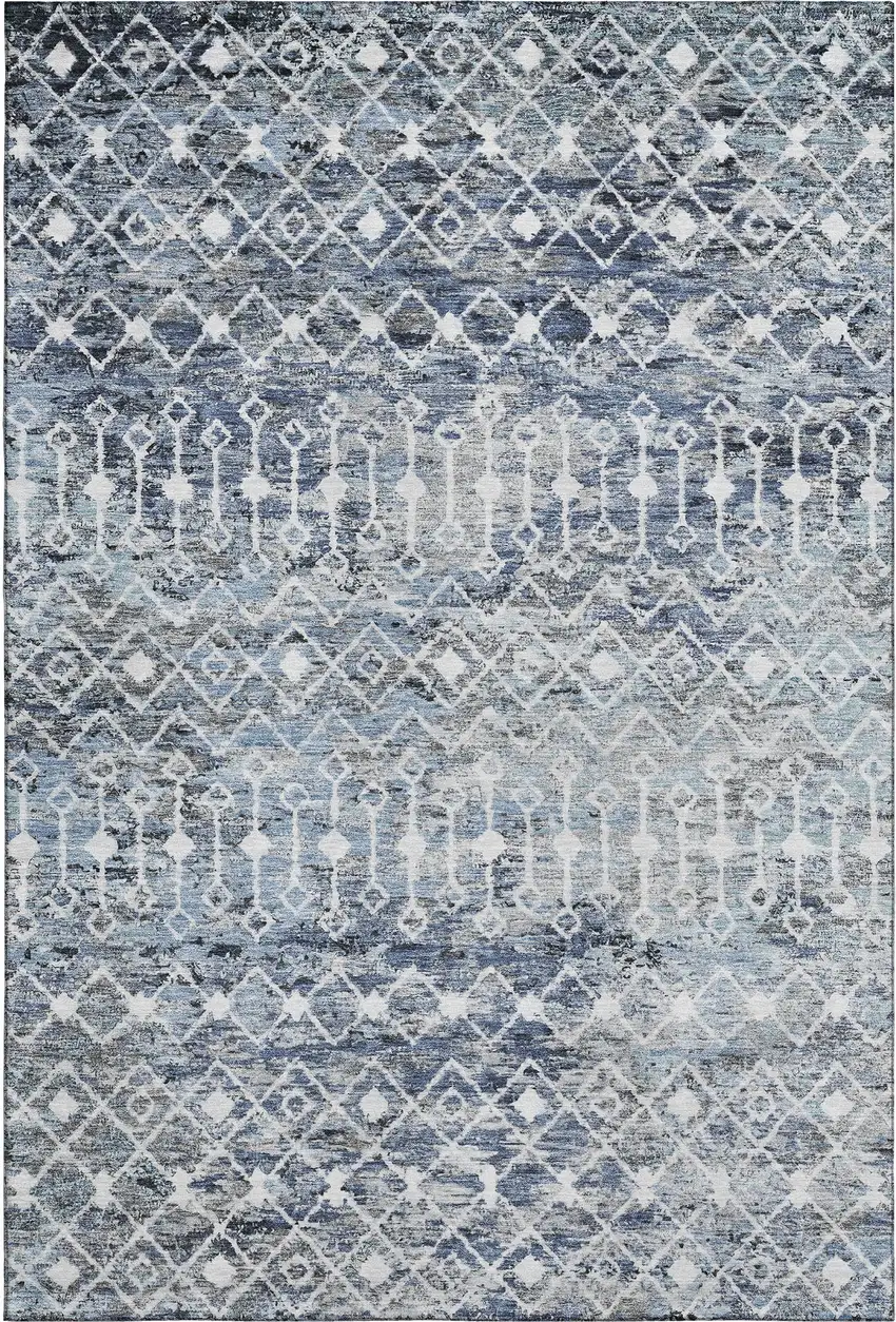 Blue Ivory And Gray Geometric Washable Area Rug With UV Protection Photo 1