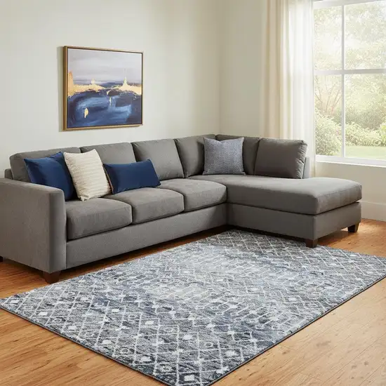 Blue Ivory And Gray Geometric Washable Area Rug With UV Protection Photo 2