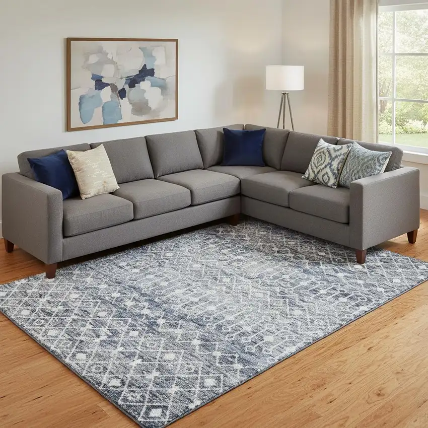 Blue Ivory And Gray Geometric Washable Area Rug With UV Protection Photo 2