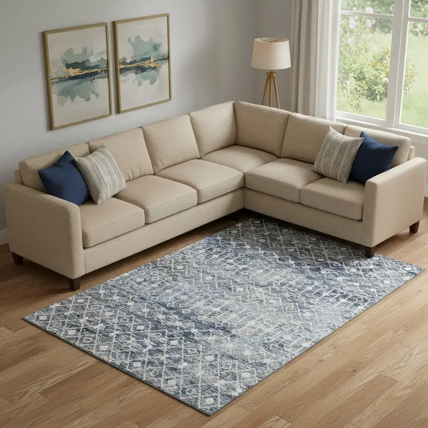 Blue Ivory And Gray Geometric Washable Area Rug With UV Protection Photo 2