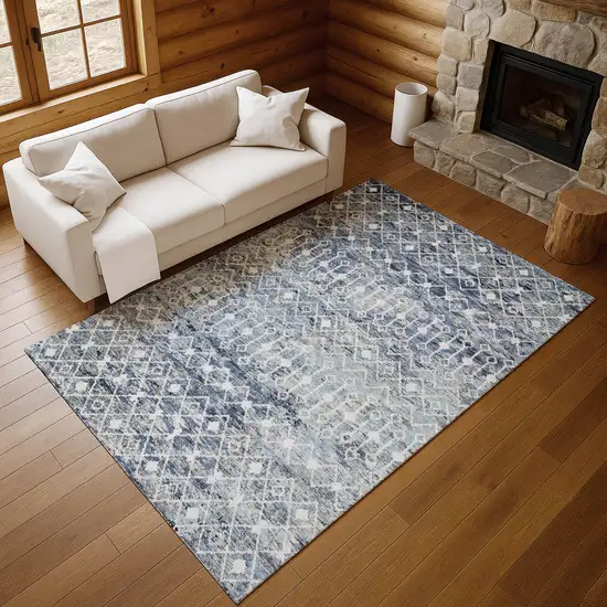 Blue Ivory And Gray Geometric Washable Area Rug With UV Protection Photo 4