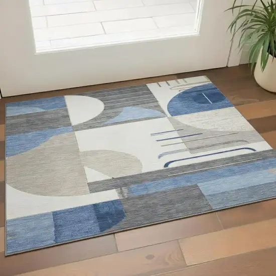 Blue Ivory And Gray Geometric Washable Area Rug With UV Protection Photo 2
