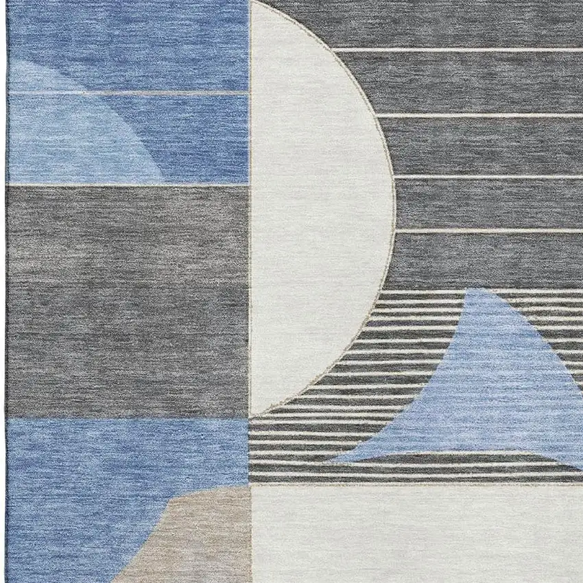 Blue Ivory And Gray Geometric Washable Area Rug With UV Protection Photo 2