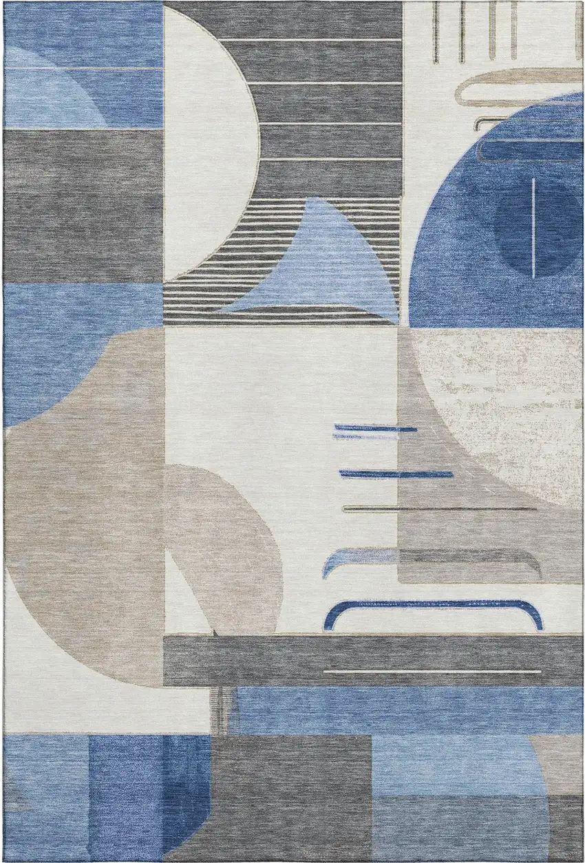 Blue Ivory And Gray Geometric Washable Area Rug With UV Protection Photo 1