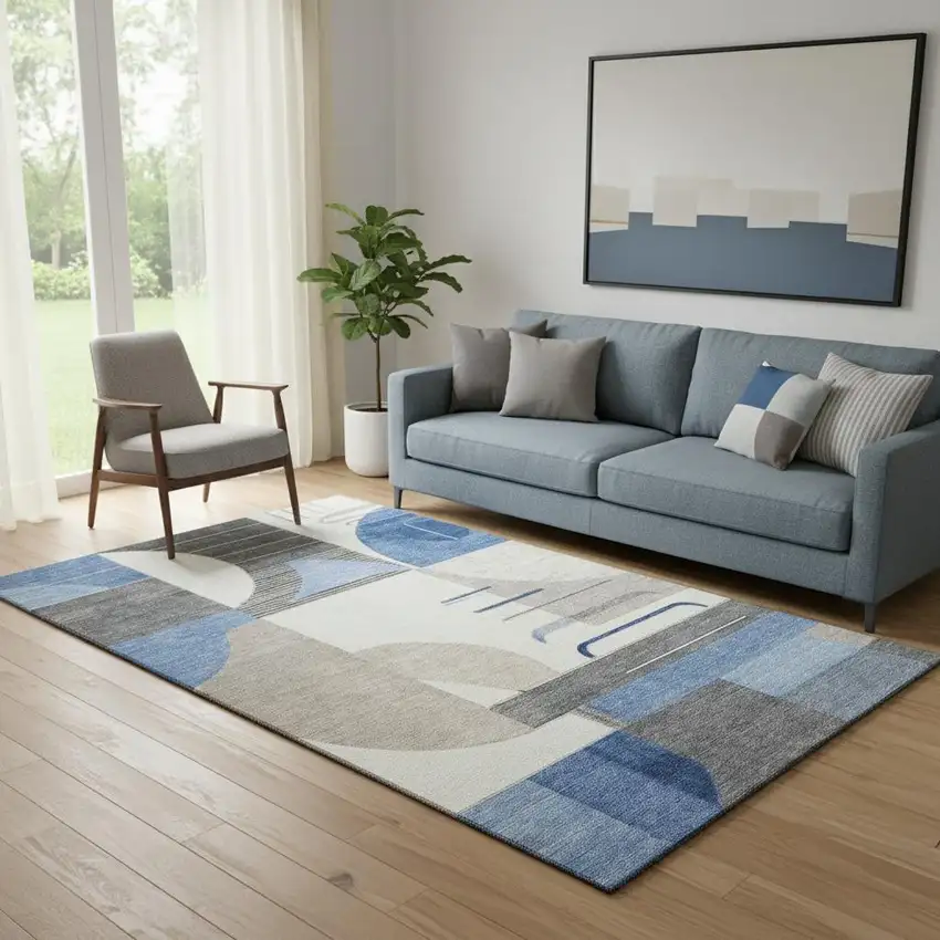 Blue Ivory And Gray Geometric Washable Area Rug With UV Protection Photo 2